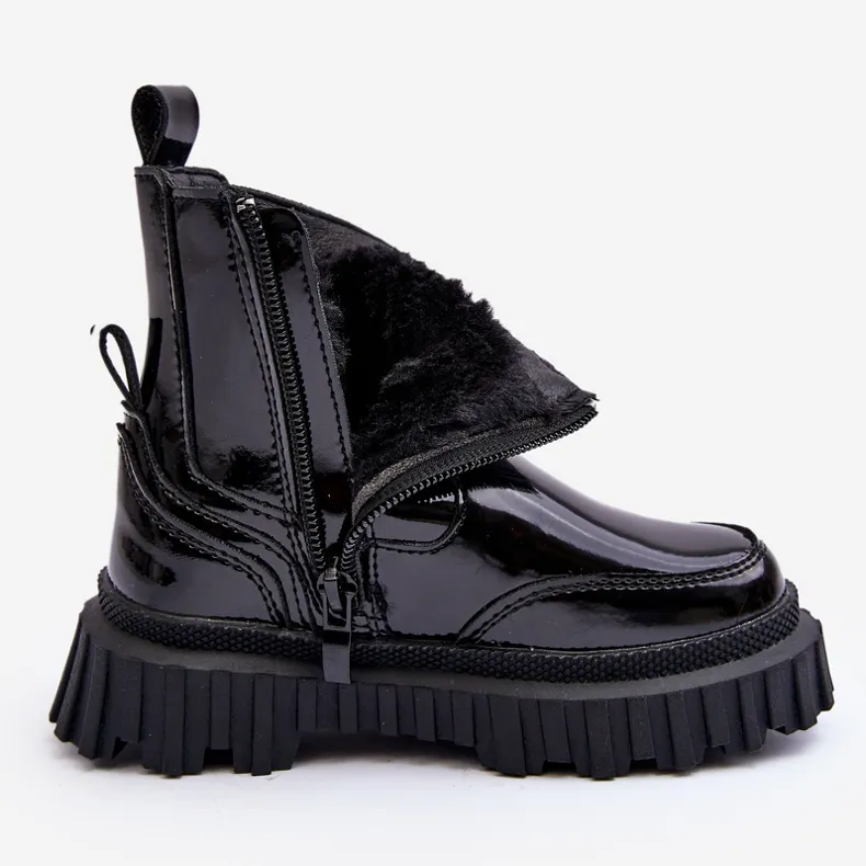 Bottines enfant en cuir verni avec fermeture éclair, chaudes, noires Jolynn le noir