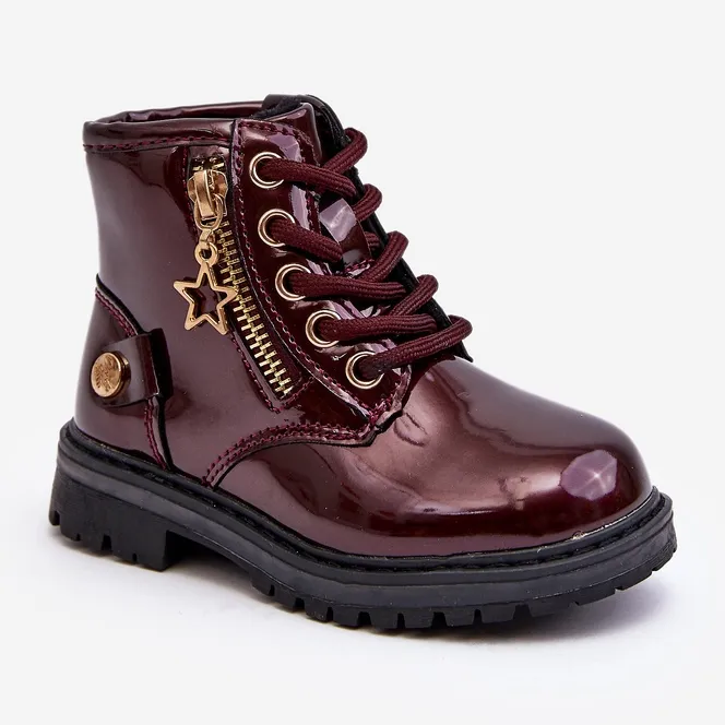 Bottines fille en cuir verni avec fermeture éclair, bordeaux chaud Felori rouge