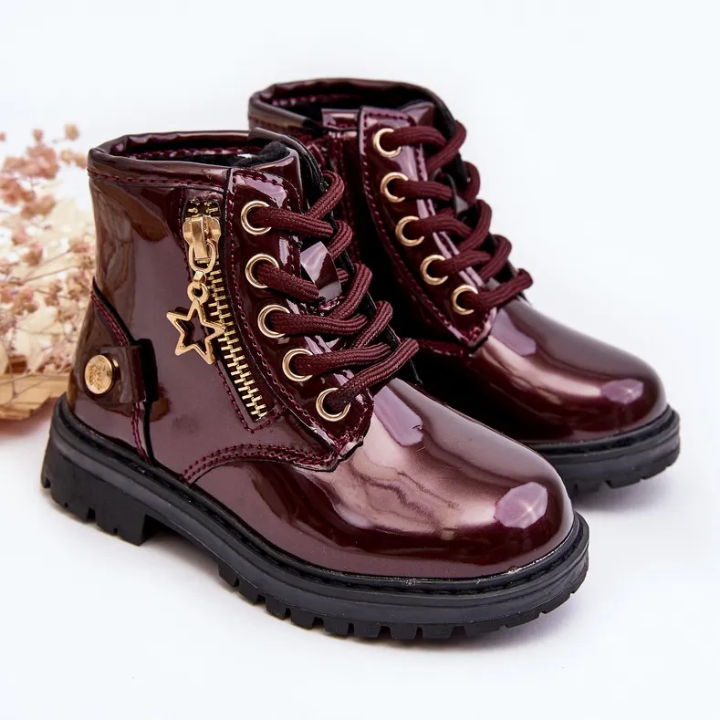 Bottines fille en cuir verni avec fermeture éclair, bordeaux chaud Felori rouge