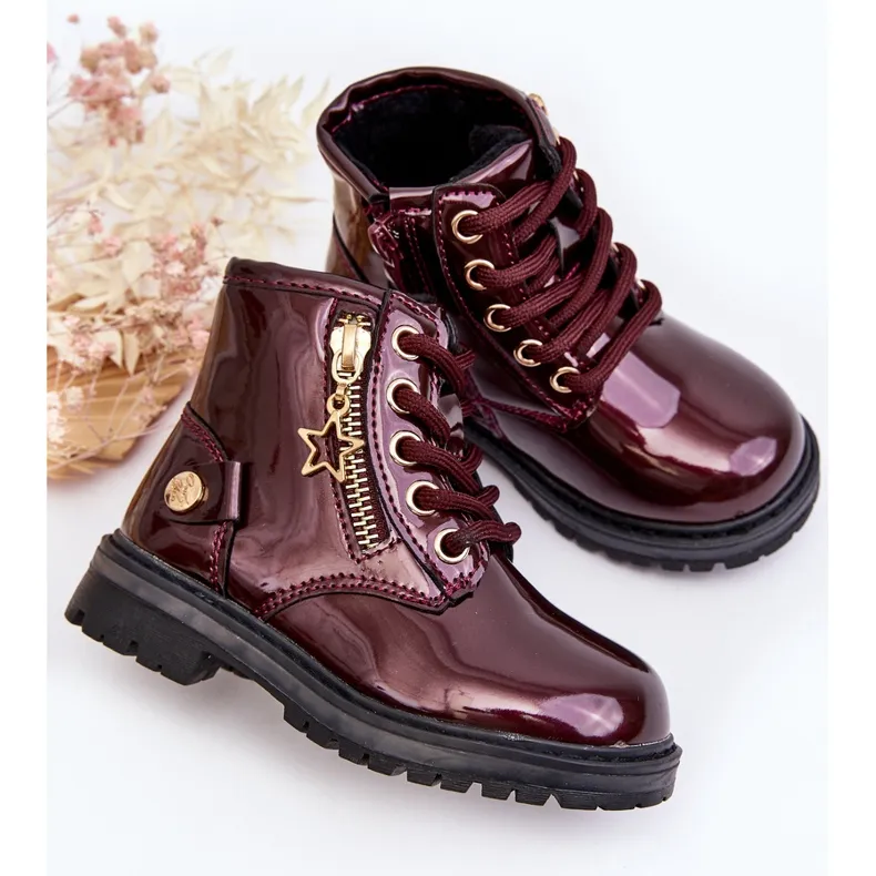 Bottines fille en cuir verni avec fermeture éclair, bordeaux chaud Felori rouge