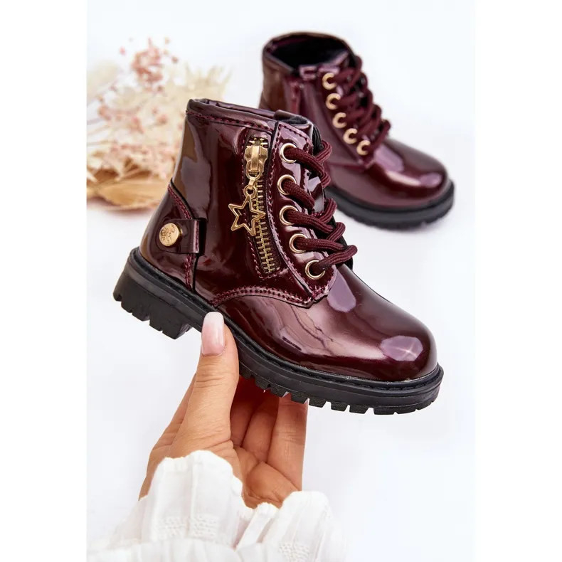 Bottines fille en cuir verni avec fermeture éclair, bordeaux chaud Felori rouge