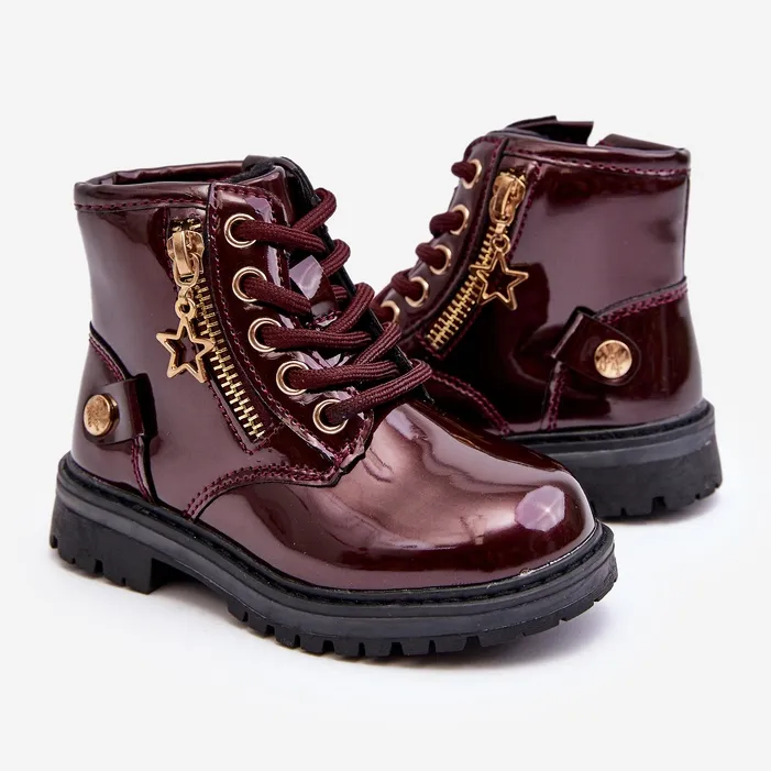 Bottines fille en cuir verni avec fermeture éclair, bordeaux chaud Felori rouge