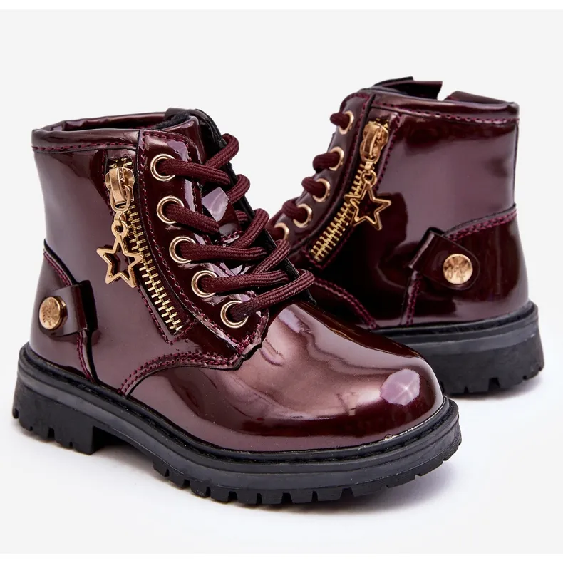 Bottines fille en cuir verni avec fermeture éclair, bordeaux chaud Felori rouge