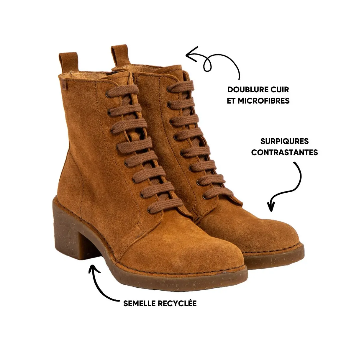 Bottines à talon et lacets en cuir suédé - Marron