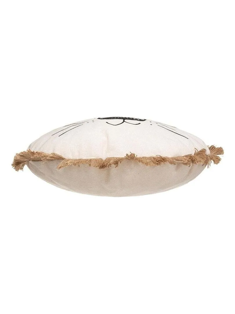 Coussin rond lion franges 38 cm - Beige