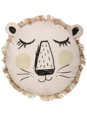 Coussin rond lion franges 38 cm - Beige