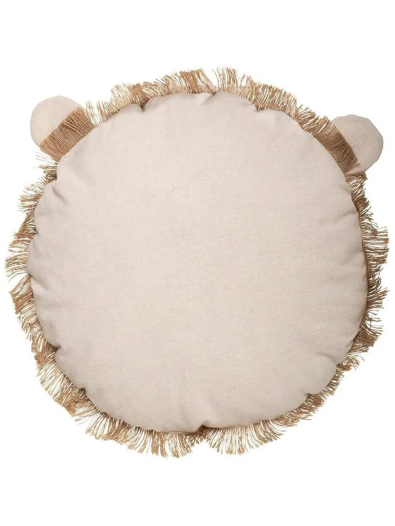 Coussin rond lion franges 38 cm - Beige