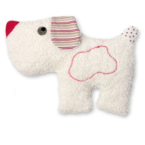 Longue bouillotte cerise en forme de chien et coton bio 32 cm