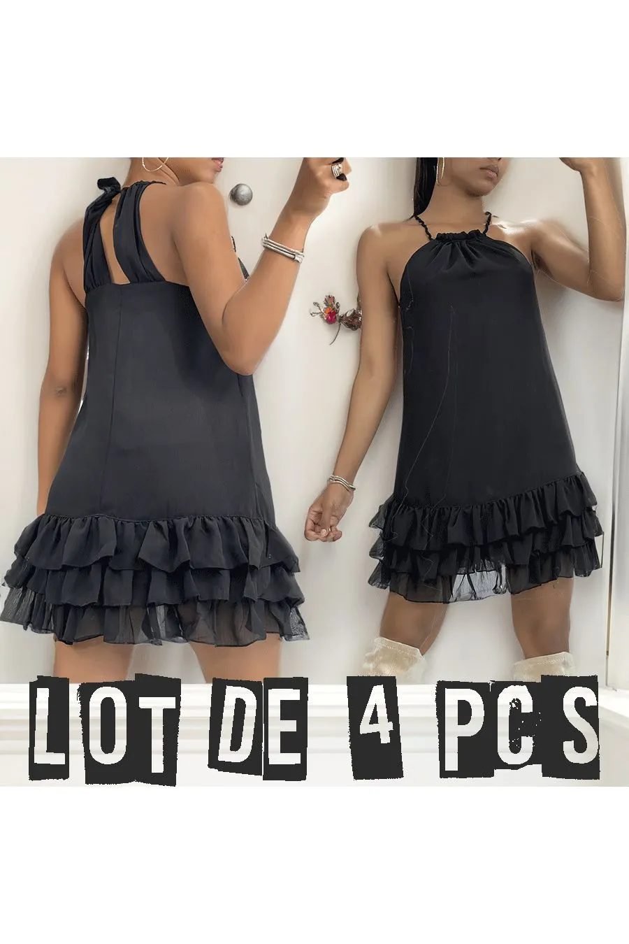 Lot de 4 Robes noir sans manches, à fine bretelles avec bas ondulé et doublure. 925