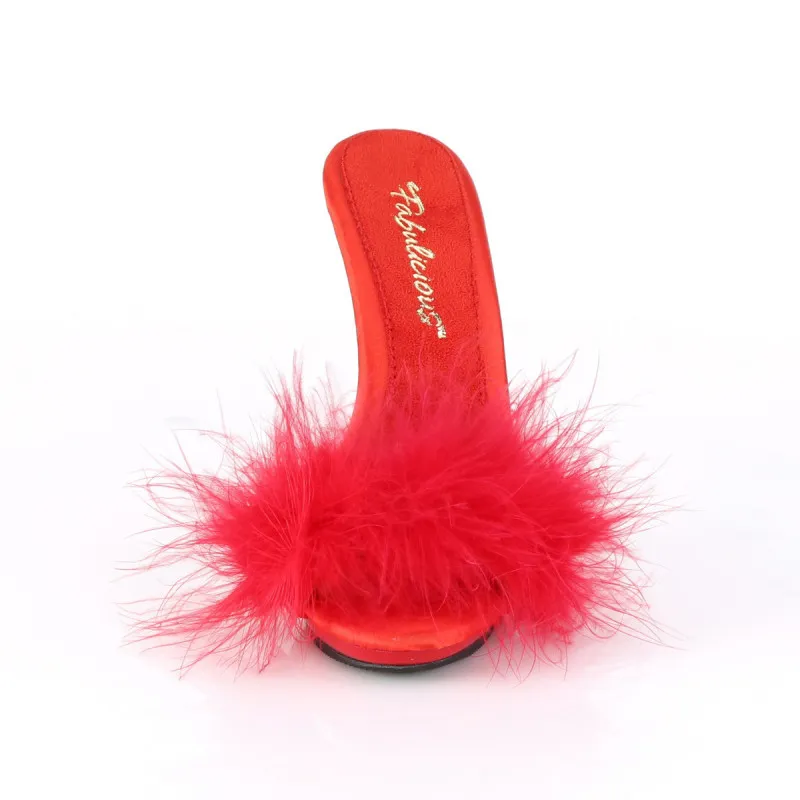 Mules à talon 12 cm et plumes rouges petite et grande taille 