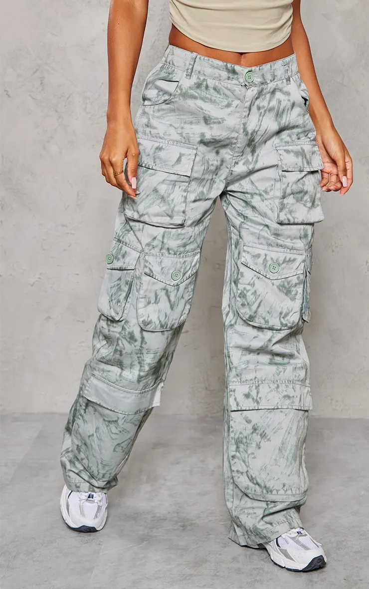 Pantalon cargo oversize kaki en maille sergée délavé vintage