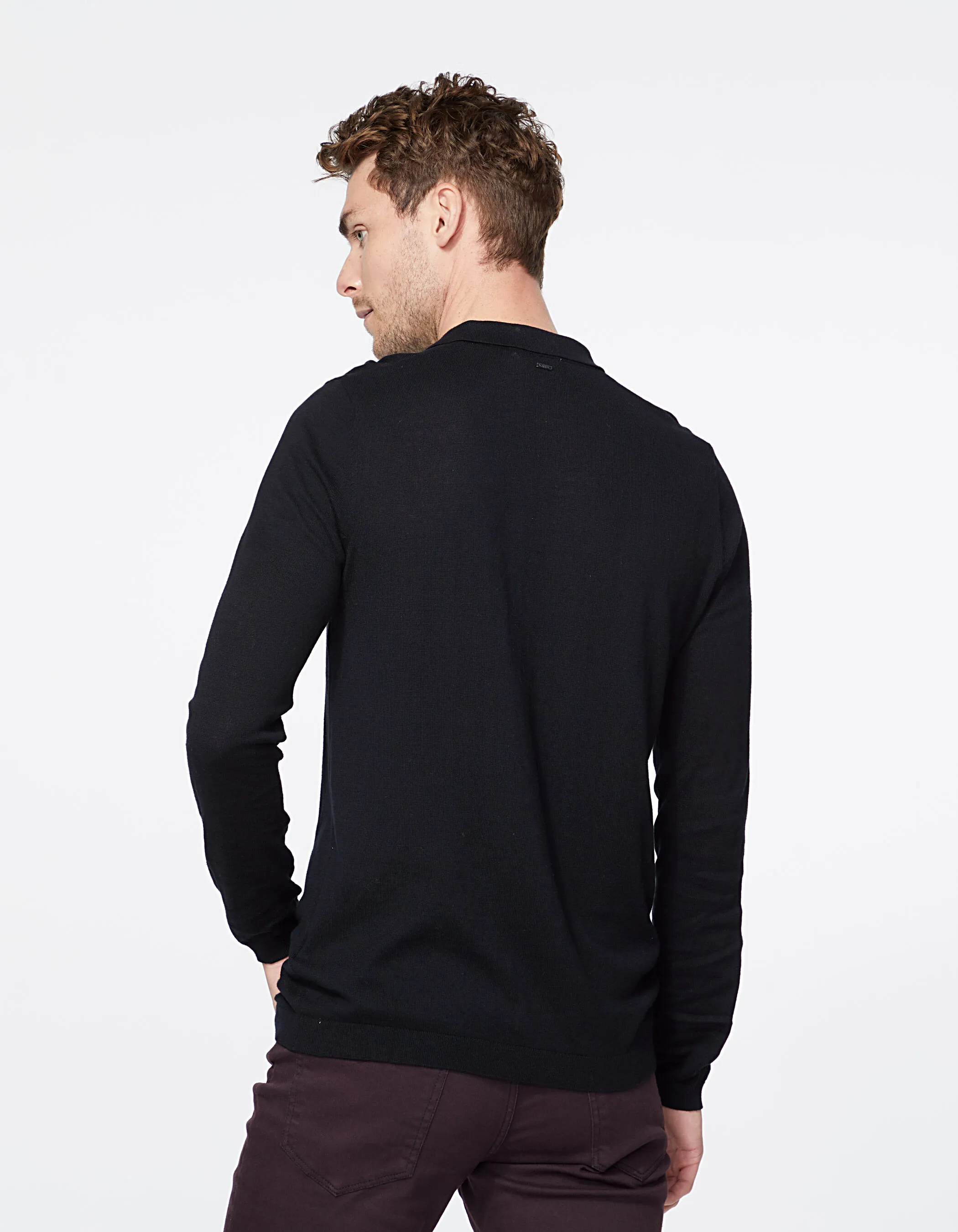 Polo noir en tricot manches longues Homme