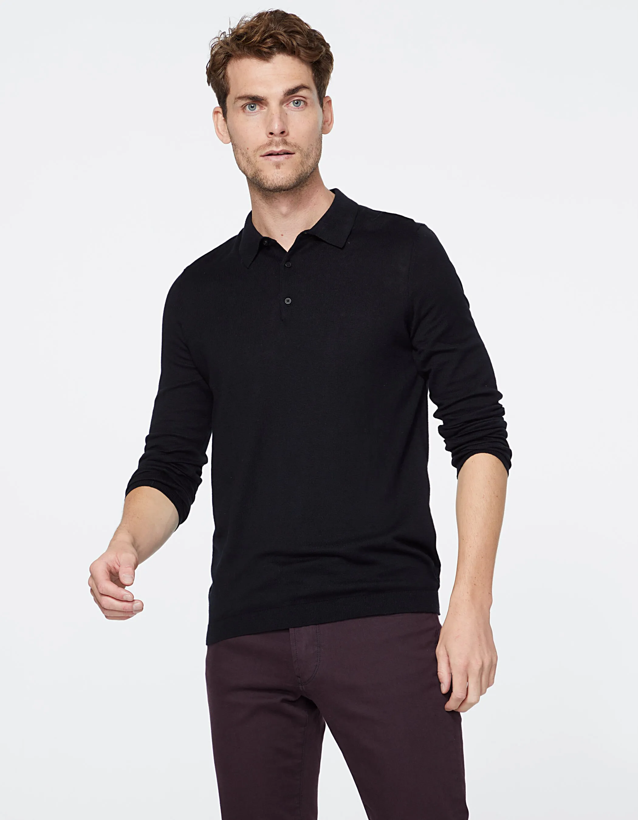 Polo noir en tricot manches longues Homme