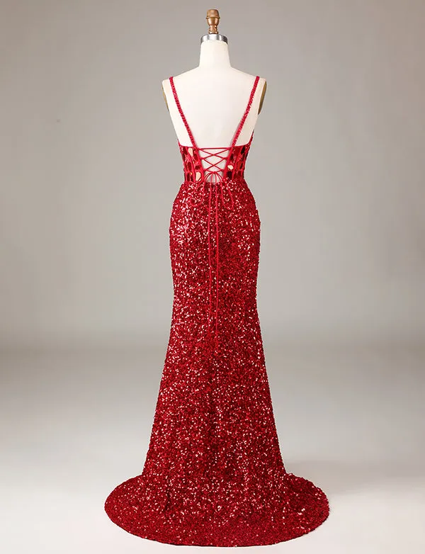 Robe de cérémonie avec fente, corset rouge à paillettes et longs miroirs