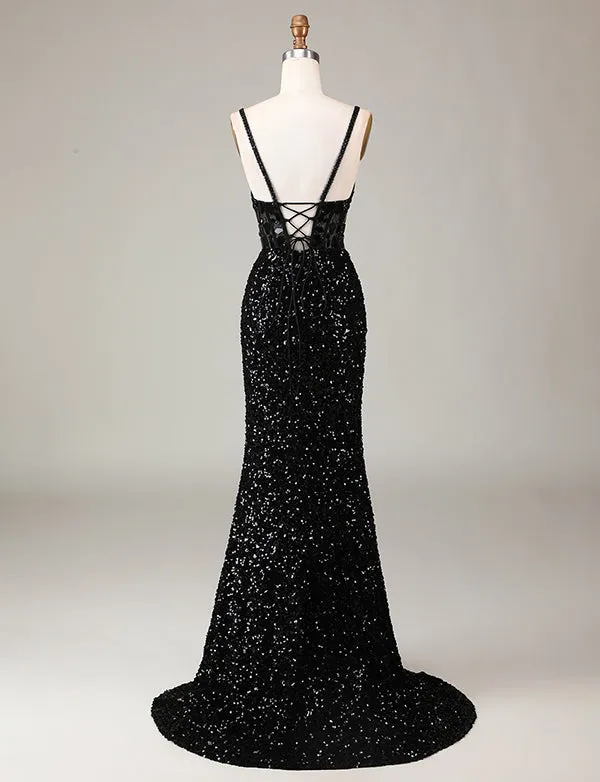 Robe de cérémonie avec fente, corset rouge à paillettes et longs miroirs