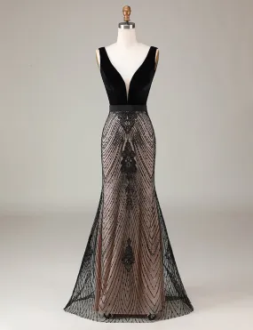 Robe de cérémonie longue, perlée et sirène, noire et étincelante