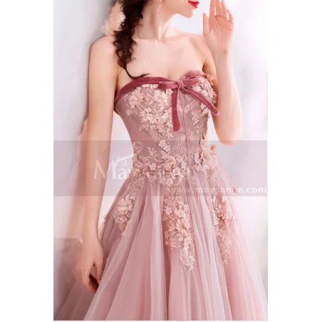 Robe de cérémonie longue rose bustier fleuri pour mariage