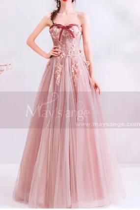 Robe de cérémonie longue rose bustier fleuri pour mariage