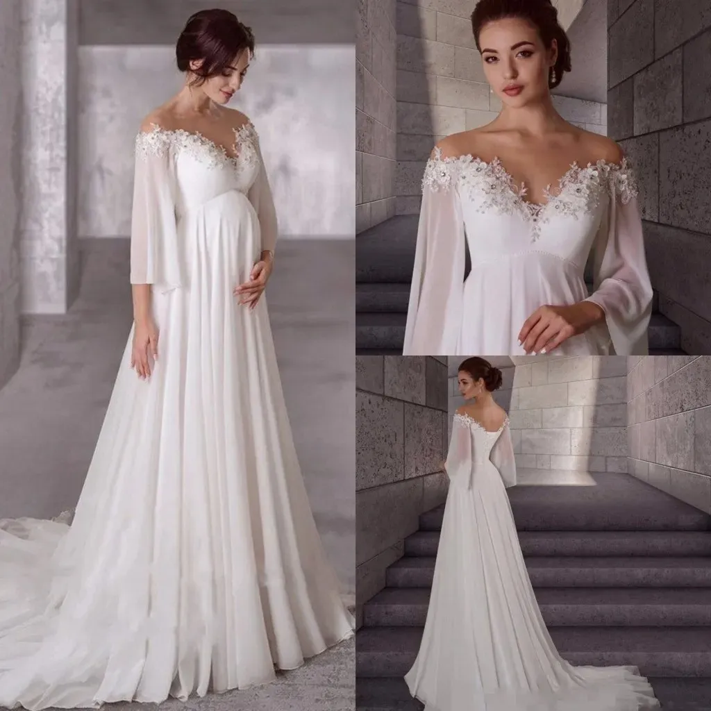 Robe De Mariée De Maternité En Mousseline De Soie, Manches Longues, Robes De Mariée Enceintes, Élégantes Et Simples, YD, 2024 Du