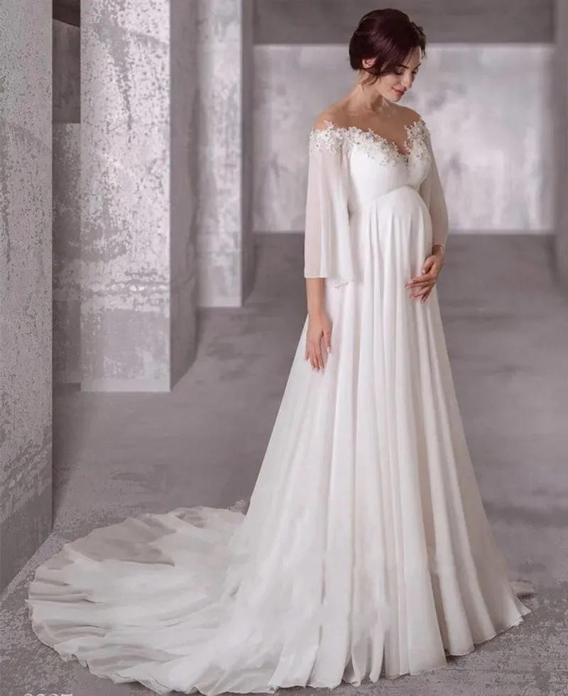 Robe De Mariée De Maternité En Mousseline De Soie, Manches Longues, Robes De Mariée Enceintes, Élégantes Et Simples, YD, 2024 Du