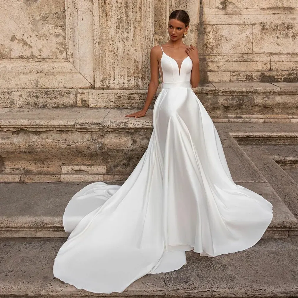 Robe De Mariée Longue En Satin, Élégante, Col En V, Grande Taille, Sans Manches, Avec Nœud, Ligne A, Traîne De Balayage, Robes D