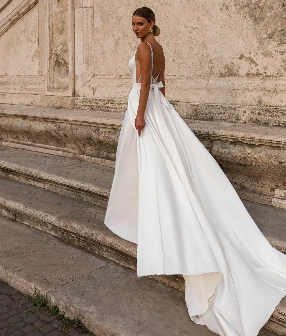 Robe De Mariée Longue En Satin, Élégante, Col En V, Grande Taille, Sans Manches, Avec Nœud, Ligne A, Traîne De Balayage, Robes D