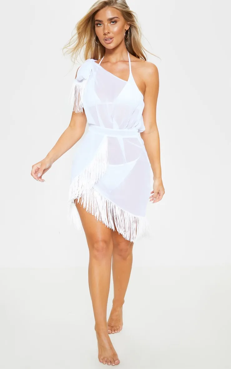 Robe de plage asymétrique à franges blanche