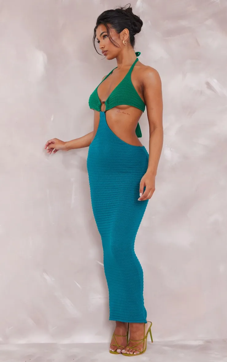 Robe longue en maille tricot turquoise à anneau