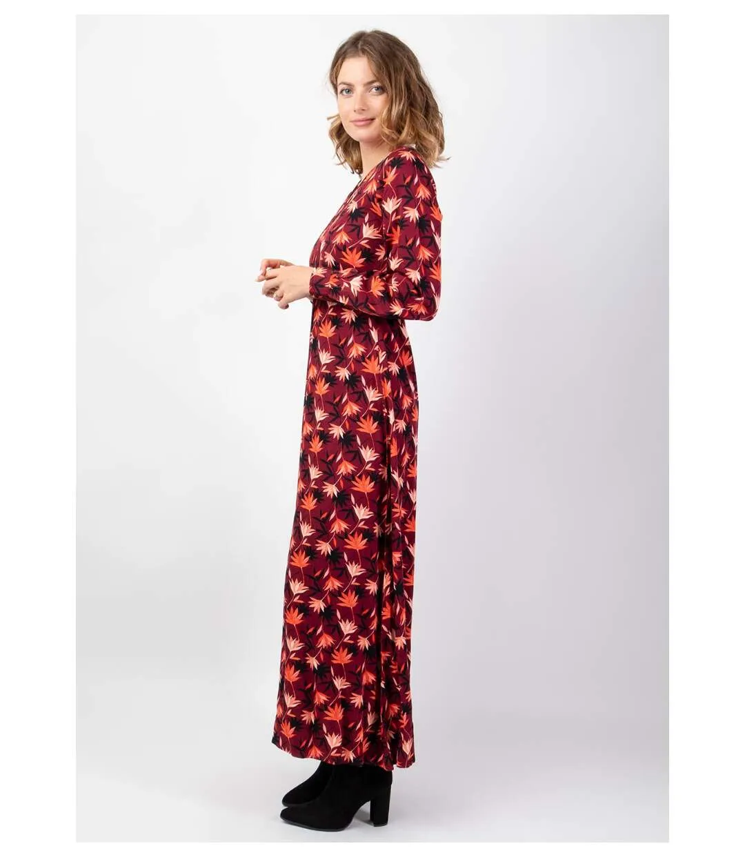 Robe longue fendue en viscose soyeux hiver CALISSA motif bohème Coton Du Monde