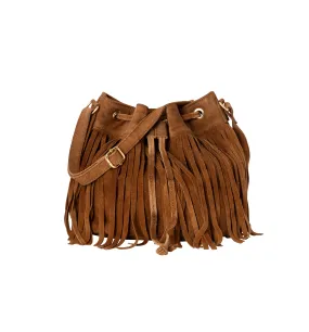 Sac à franges en cuir suédé - Camel