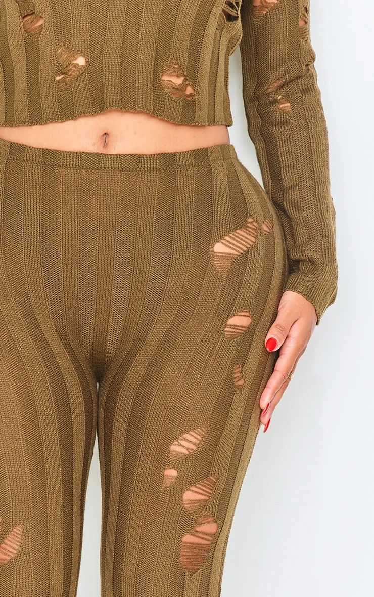 Shape Pantalon en maille tricot côtelée déchirée kaki