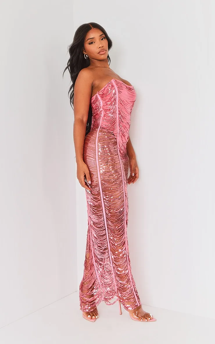 Shape Robe bustier mi-longue en sequins rose vif à franges