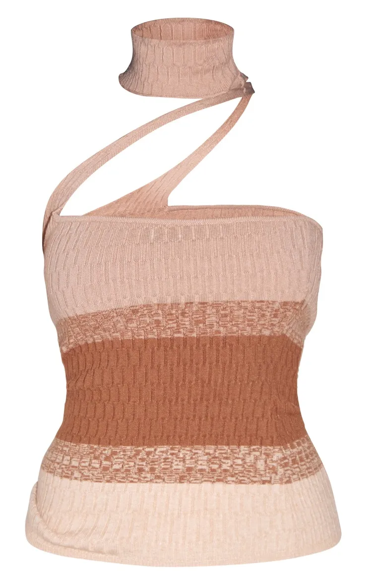 Top asymétrique en maille tricot imprimé abstrait beige