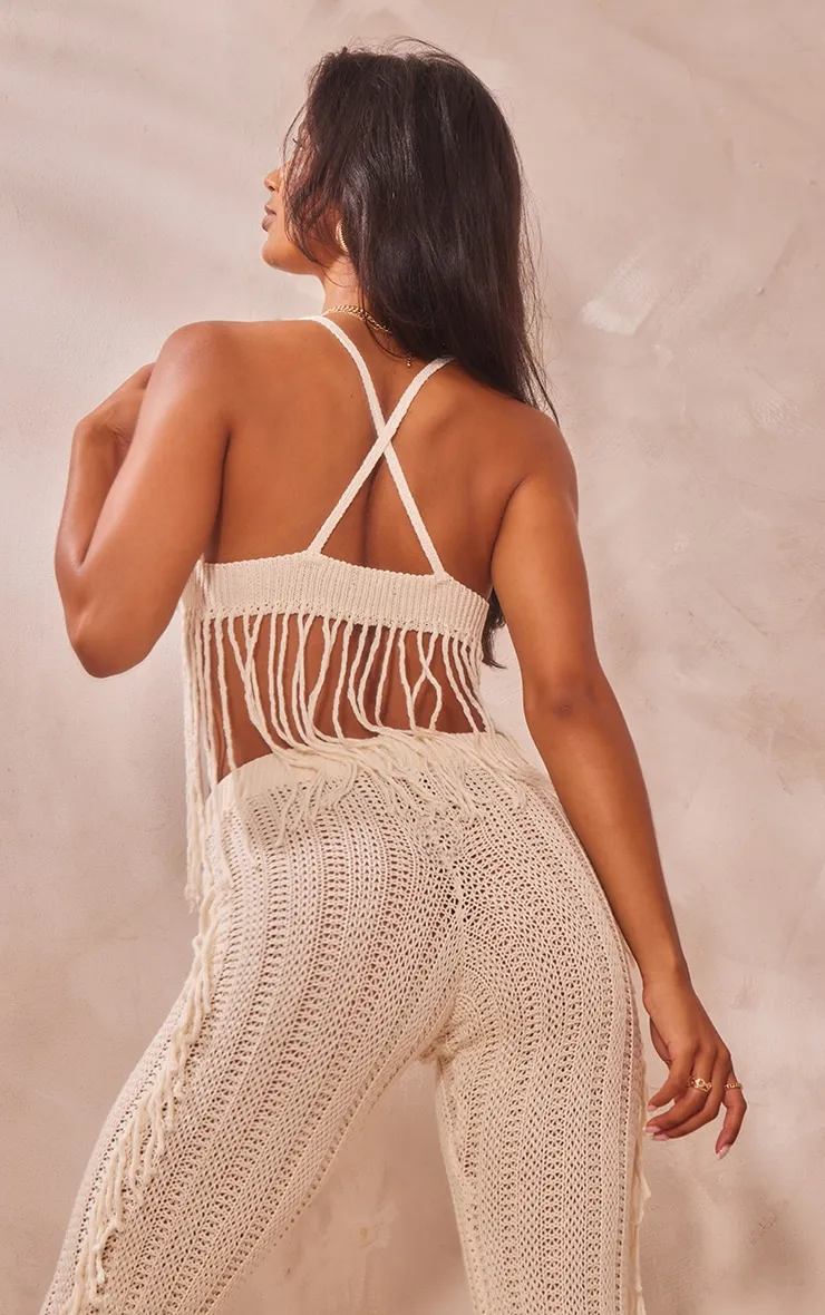 Top en maille crochet crème à franges