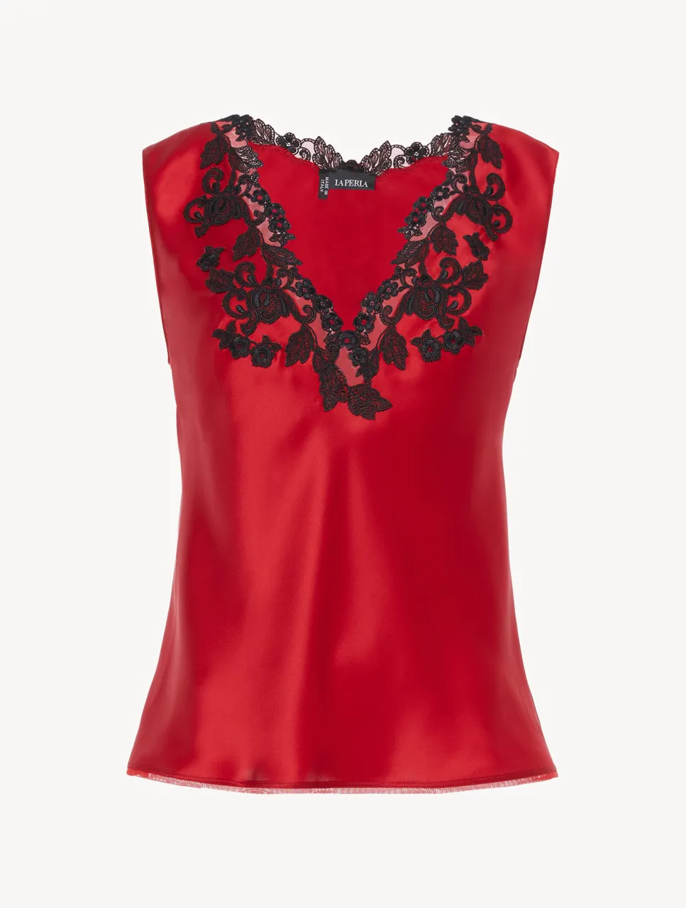 Top en satin de soie rouge avec broderie en guipure «frastaglio»