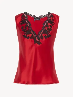 Top en satin de soie rouge avec broderie en guipure «frastaglio»