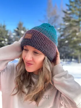 Tuque tricotée avec ourlet - Turquoise et Mauve